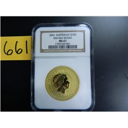 2001 Australia $100 Snake (KM-543), NGC Graded MS67, ONE OUNCE .9999 FINE GOLD