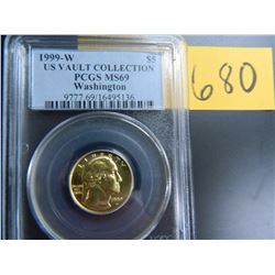 Gold $5 U.S. Commemorative, Actual Gold Weight .242 oz: 1999-W Washington, PCGS graded MS69