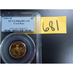 Gold $5 U.S. Commemorative, Actual Gold Weight .242 oz: 1995-W Civil War, PCGS graded PR69DCAM