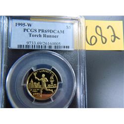 Gold $5 U.S. Commemorative, Actual Gold Weight .242 oz: 1995-W Torch Runner, PCGS graded PR69DCAM