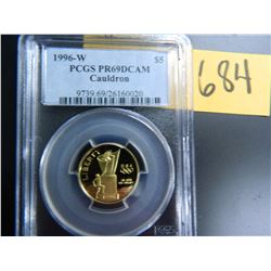Gold $5 U.S. Commemorative, Actual Gold Weight .242 oz: 1996-W Cauldron, PCGS graded PR69DCAM