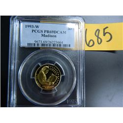 Gold $5 U.S. Commemorative, Actual Gold Weight .242 oz: 1993-W Madison, PCGS graded PR69DCAM