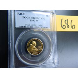 Gold $5 U.S. Commemorative, Actual Gold Weight .242 oz: 1997-W F.D.R  PCGS graded PR69DCAM