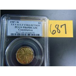 Gold $5 U.S. Commemorative, Actual Gold Weight .242 oz: 1987-W Constitution, PCGS graded PR69DCAM