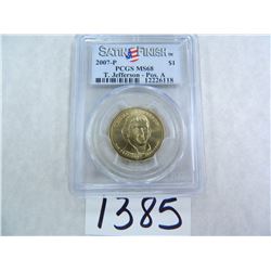 2007-P Thomas Jefferson Dollar, SATIN FINISH, Position A, PCGS Graded MS68