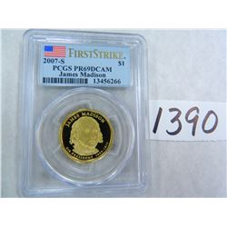 2007-S James Madison Dollar, FIRST STRIKE, PCGS Graded PR69DCAM