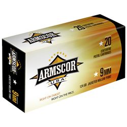 Armscor, 9MM, 124 Grain, Jacketed Hollow Point, 20 Round Box  armfac97n