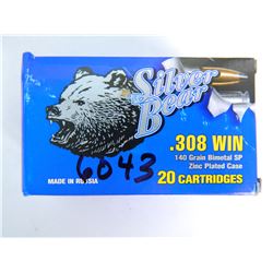 Silver Bear Ammo .308 Winchester, 140 Grain, SP Zinc Coated, Twenty (20) Per Pack. Made in Russia