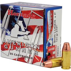Hollow Point: Hornady, American Gunner, 9MM, 124 Grain, XTP, +P, 25 Round Box  # 90224