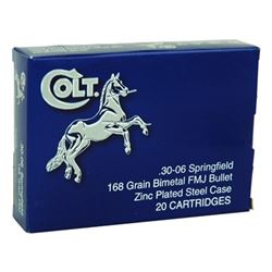 COLT AMMO, 30-06 Springfield, 168 Grain, Full Metal Jacket Zinc Plated Steel Case, 20 per box, z
