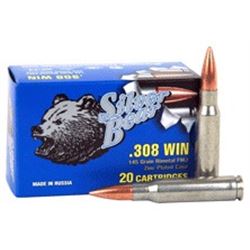 Silver Bear .308 Winchester 145 Grain, Full Metal Jacket, Zinc Plated, Twenty (20) Per Box, ONE BOX