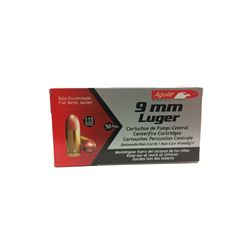Aguila 9mm Ammo, 115 Grain, 50 Count Box, Full Metal Jacket, BRASS CASING