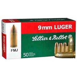 Sellier & Bellot, S&B AMMO 9MM LUGER 124GR. FMJ 50-PACK, Brass, ws, SB9B
