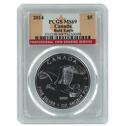 2014 Canada Silver Bald Eagle, PCGS MS69 Flag Label, ONE OUNCE .999 FINE SILVER
