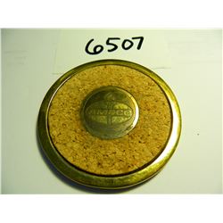 Vintage Amoco Brass and Cork Coaster, tarnished and used, 3.5"