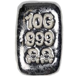 10 Gram Atlantis Skull and Crossbones Hand Poured Silver Bar, .999 Fine Silver