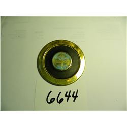 Vintage Amoco Brass and Felt with leather insert Coaster, tarnished and used, 3.5"