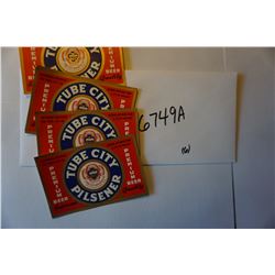Six VINTAGE (6) beer bottle labels: Tube City Beer, McKeesport, PA. All One Money. Cool Label