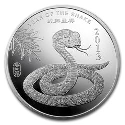 2013 Year of the Snake, Ten Ounce (10 oz) Silver Bullion Round, Contains 10 oz of .999 fine Silver.