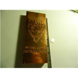 One Hundred Ounce .999 Fine Copper Bullion Bar, 100 Troy Ounce, SWB Buffalo Logo, $15 Shipping.