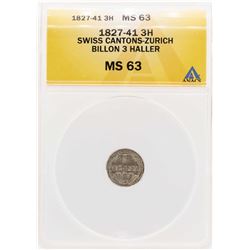 1827-41 Swiss Cantons-Zurich Billion 3 Haller Coin ANACS MS63