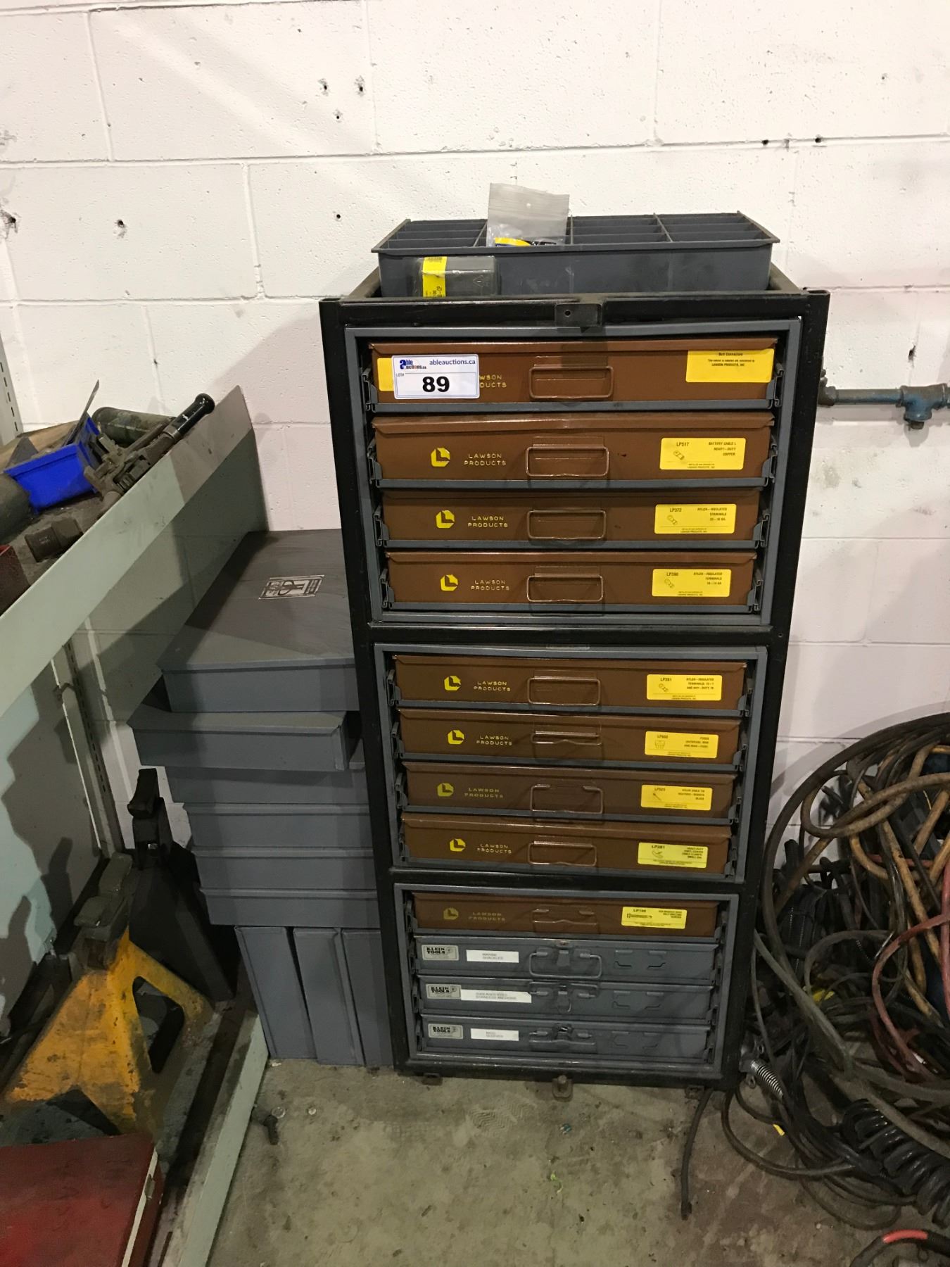 METAL HARDWARE ORGANIZER BINS WITH STAND AND HARDWARE CONTENTS