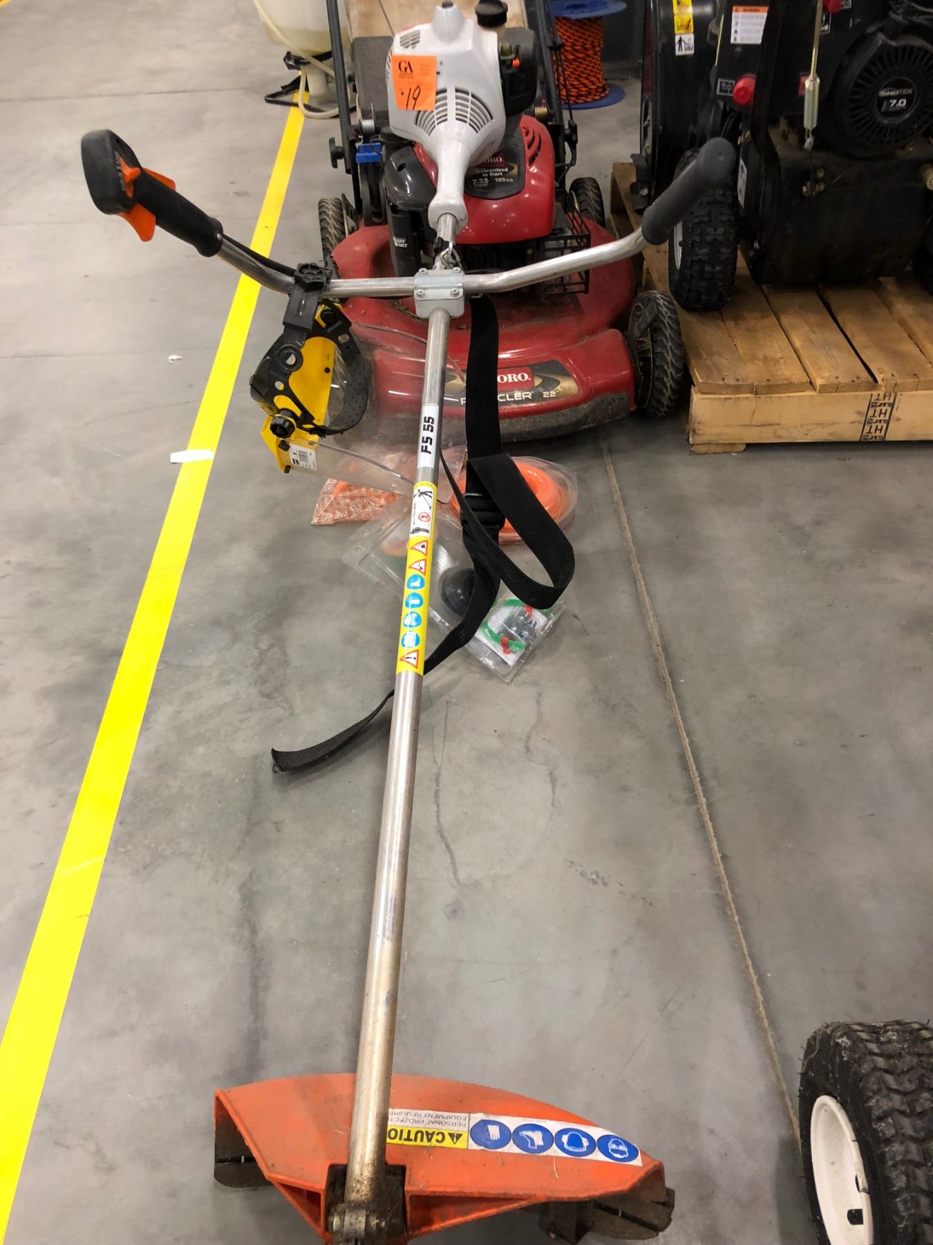 Toro 22" selfpropel lawn mover, Stihl FS55 weed Wacker, face shield