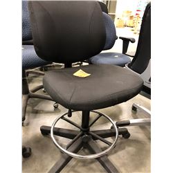 3 - Black office chairs with adjustable height, 1 chair has adjustable arm rest