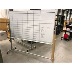 Rolling erasable white board 73 3/4" x 40 1/4" overall height 69" backside has binder rings attached