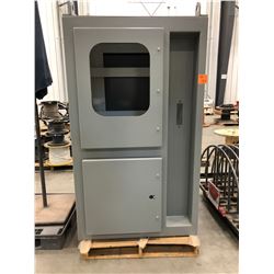 Steel enclosure 42" x 41" x 72 1/2" grey powder coat paint, 3 doors, removable roof, cutouts/hole sa