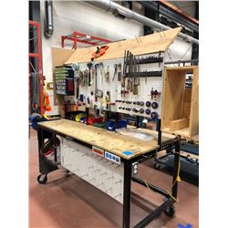Heavy duty custom rolling work bench 72" x 36" x 73", wired with receptacles