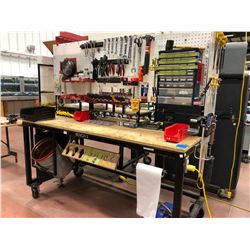 Heavy duty custom rolling work bench 72" x 36" x 73" powder coat black paint, wired with receptacles