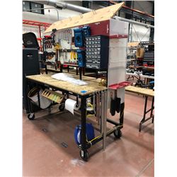 Heavy duty custom rolling work bench 72" x 36" x 73" powder coat black paint, wired with receptacles