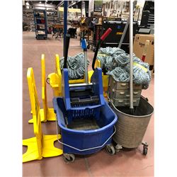 4 mop pails, 3 mops w/3 spare heads, 2 caution signs