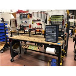 Heavy duty custom rolling work bench 72" x 36" x 73" powder coat black paint, wired with receptacles