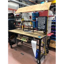 Heavy duty custom rolling work bench 72" x 36" x 73" powder coat black paint, wired with receptacles