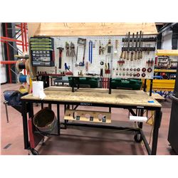 Heavy duty custom rolling work bench 72" x 36" x 73" powder coat black paint, wired with receptacles