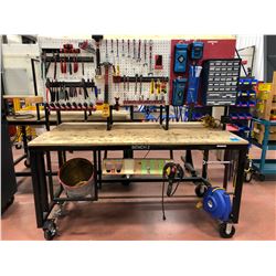 Heavy duty custom rolling work bench 72" x 36" x 73" powder coat black paint, wired with receptacles