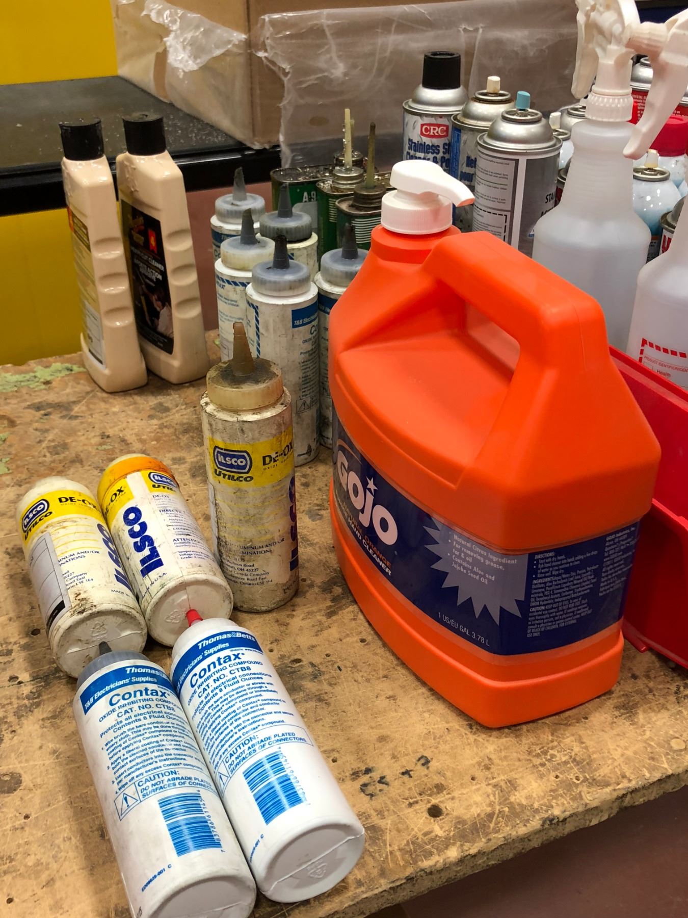 Gojo hand cleaner, 11 partial bottles DeOx electrical contact cleaner, 2 bottles Meguiars heavy cut