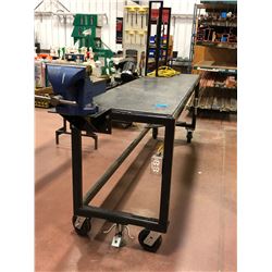 Heavy duty custom rolling workbench 96" x 24" x 36" c/w 8" vise, wired with receptacles