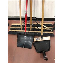 4 - 36" push brooms, 2 - hand brushes, 2 dustpans, 2 lobby dustpans, broom handle, 18 foot, deck scr