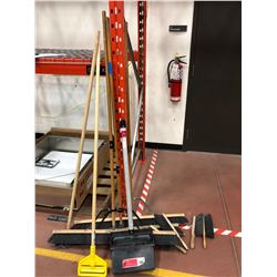 3 - 36" push brooms, 4 - hand brushes, 2 dustpans, 1 lobby dustpan, mop handle