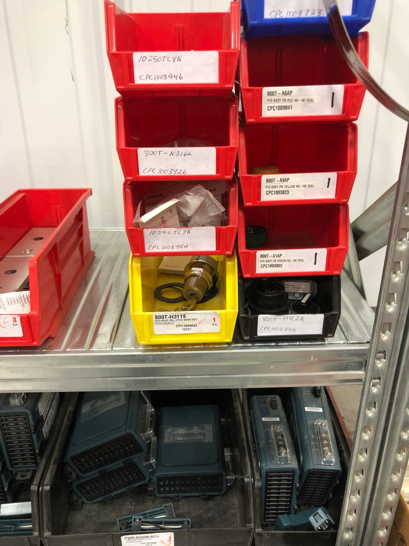 Galvanized shelf, assorted contents, GFCI breakers, breaker terminals