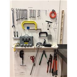 Assorted metric wrenches, fish tape, c-clamp Qty 2, coil tester, pipe bender, pipe cutter, cable cut