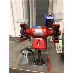 Baldor grinder/buffer, 3 dressing tools, 3 replacement eye shield kits, gloves, vise grip.