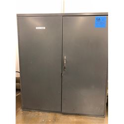 Steel cabinet 26 1/2" 12" x 30" c/w several various Lenox hole saws, 2 casters