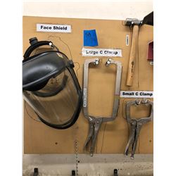 Assorted tools includes c clamps, face shield, combination squares, hammer