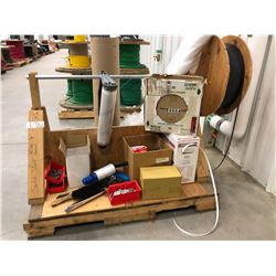 Shipping supplies, roll of poly, Uline bander & crimper, boxes of strapping seals, fragile stickers,