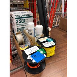 Assorted small gauge wire, safety wash, spool of flat wire, 5 tubes RTV silicone, 2 rolls double sid