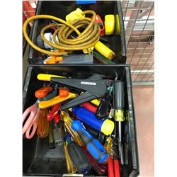 Assorted driver bits, screwdrivers, wire strippers, pliers, snips, side cutters, punches, rulers, ta